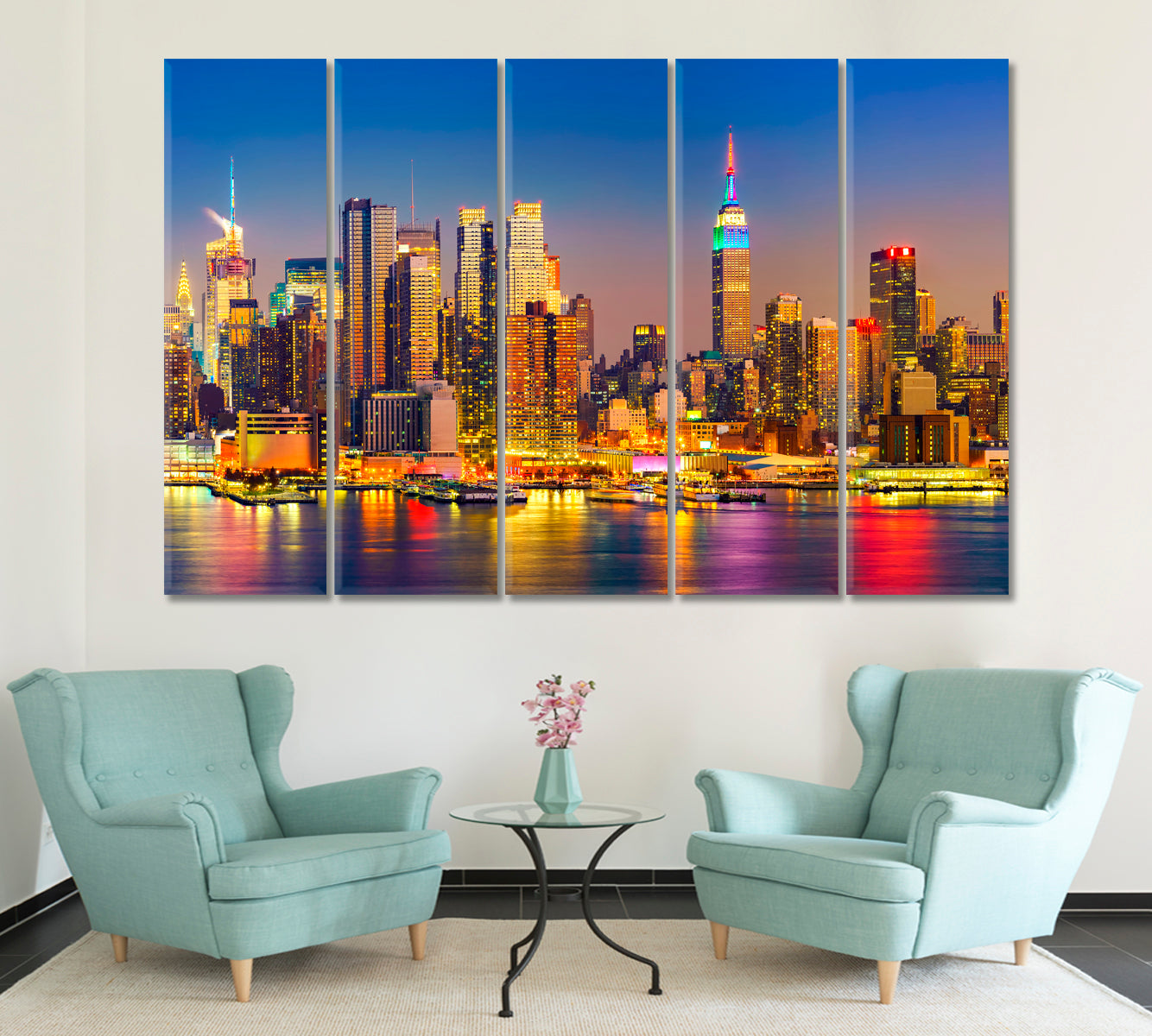 View on Manhattan at night New York USA Cities Wall Art Artesty 5 panels 36" x 24" 