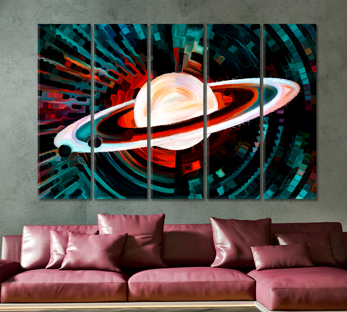 Cosmic Wonderland Planet Disk Multicolored Mosaic Pattern Celestial Home Canvas Décor Artesty 5 panels 36" x 24" 