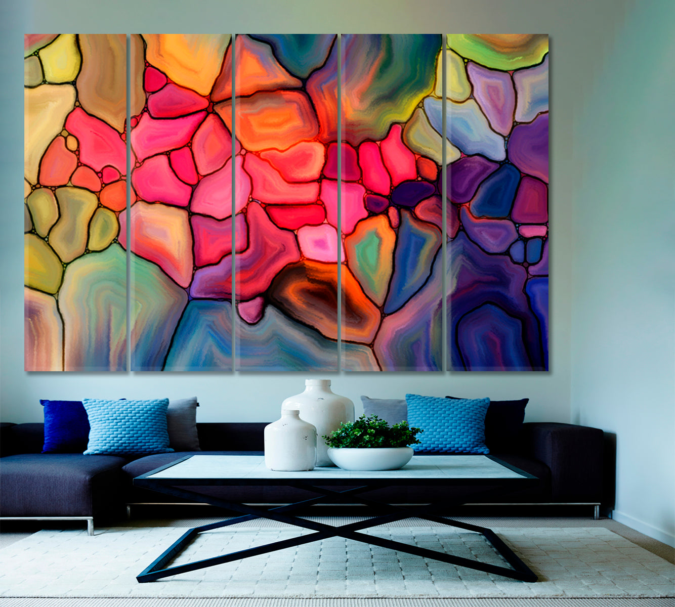 ABSTRACT VIVID Virtual Stained Glass Trendy Pattern Abstract Art Print Artesty 5 panels 36" x 24" 