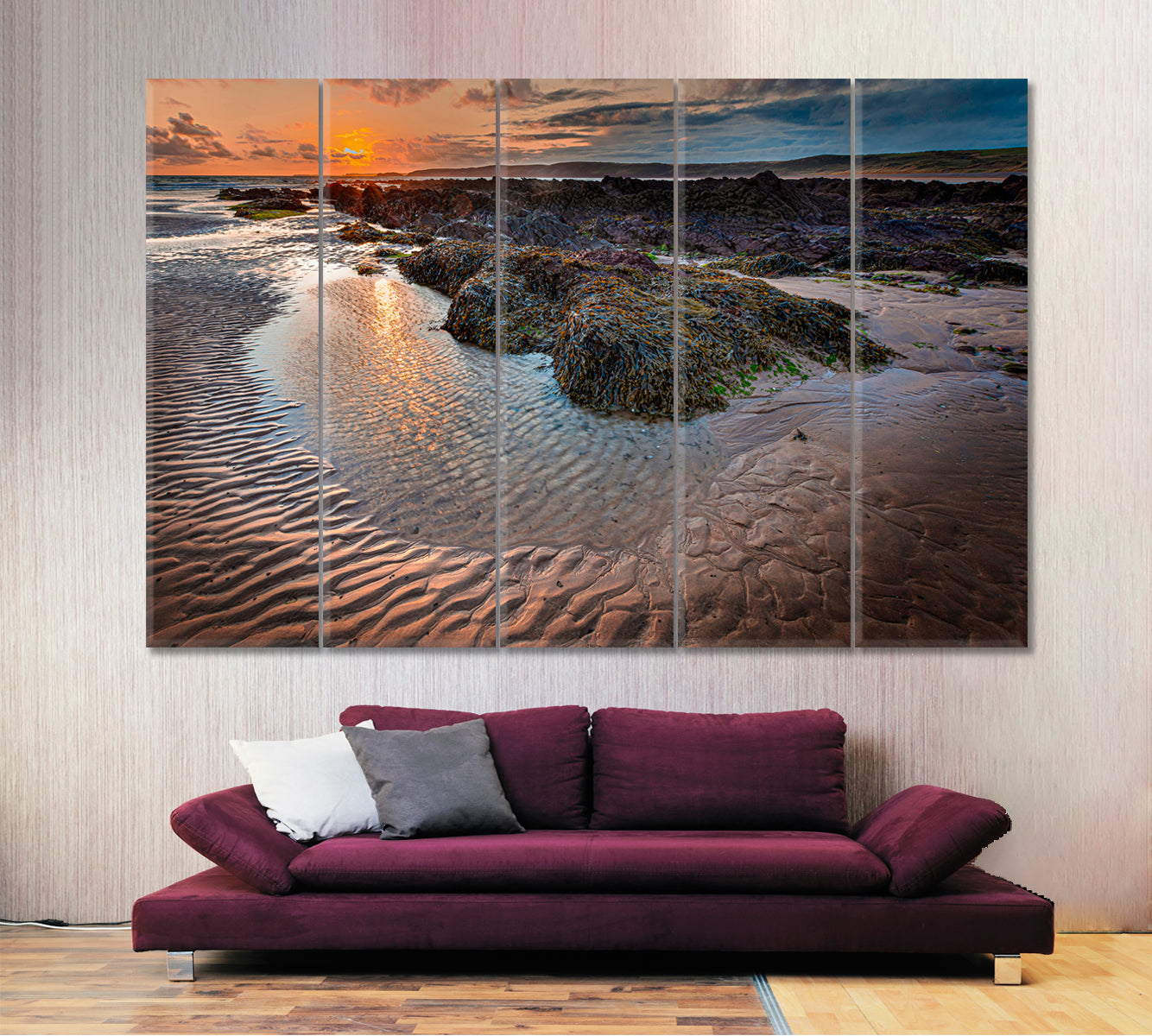 TRANQUILITY Ethereal Sunset Scene Beautiful Rocky Beach Scenery Landscape Fine Art Print Artesty 5 panels 36" x 24" 