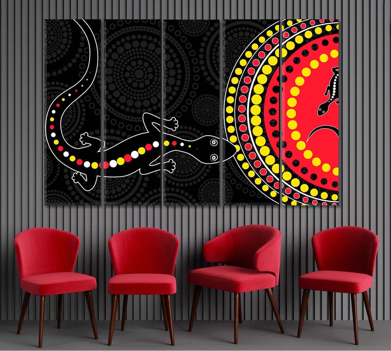 BLACK AND RED Lizard Abstract African Style Pattern Vivid Art Abstract Art Print Artesty 5 panels 36" x 24" 