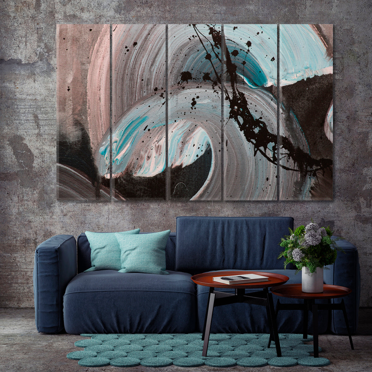 Brown Beige Turquoise Brush Strokes Modern Abstract Trendy Artwork Abstract Art Print Artesty 5 panels 36" x 24" 