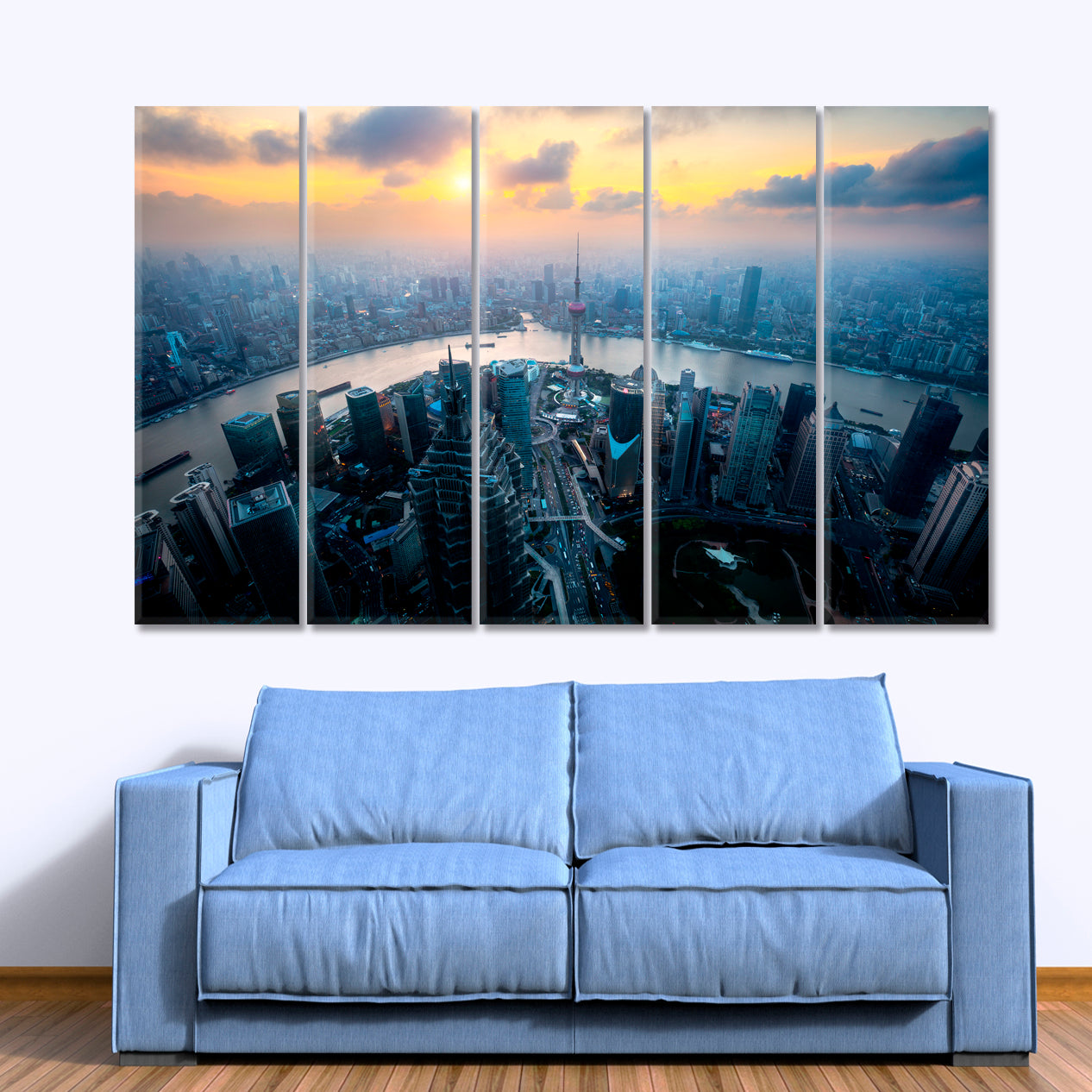 Skyline Cityscape China Shanghai Lujiazui Finance Business District Cities Wall Art Artesty 5 panels 36" x 24" 