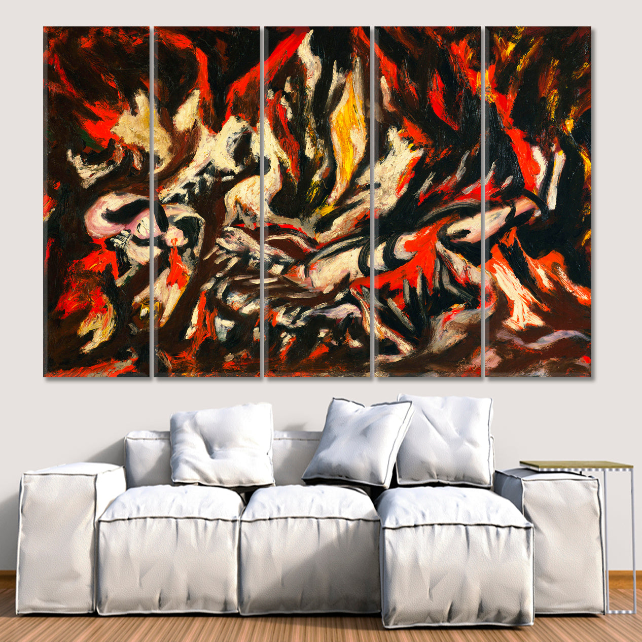 FLAME Modern Jackson Pollock Style Fine Art Artesty 5 panels 36" x 24" 