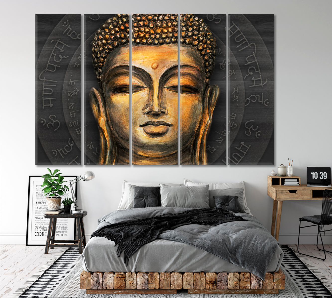 Gautama Buddha Mantra Om mani Padme Hum Sanskrit Tibetan Religious Modern Art Artesty 5 panels 36" x 24" 