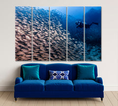 Divers Large School Fish Coral Reef Sea Bottom Nautical, Sea Life Pattern Art Artesty 5 panels 36" x 24" 