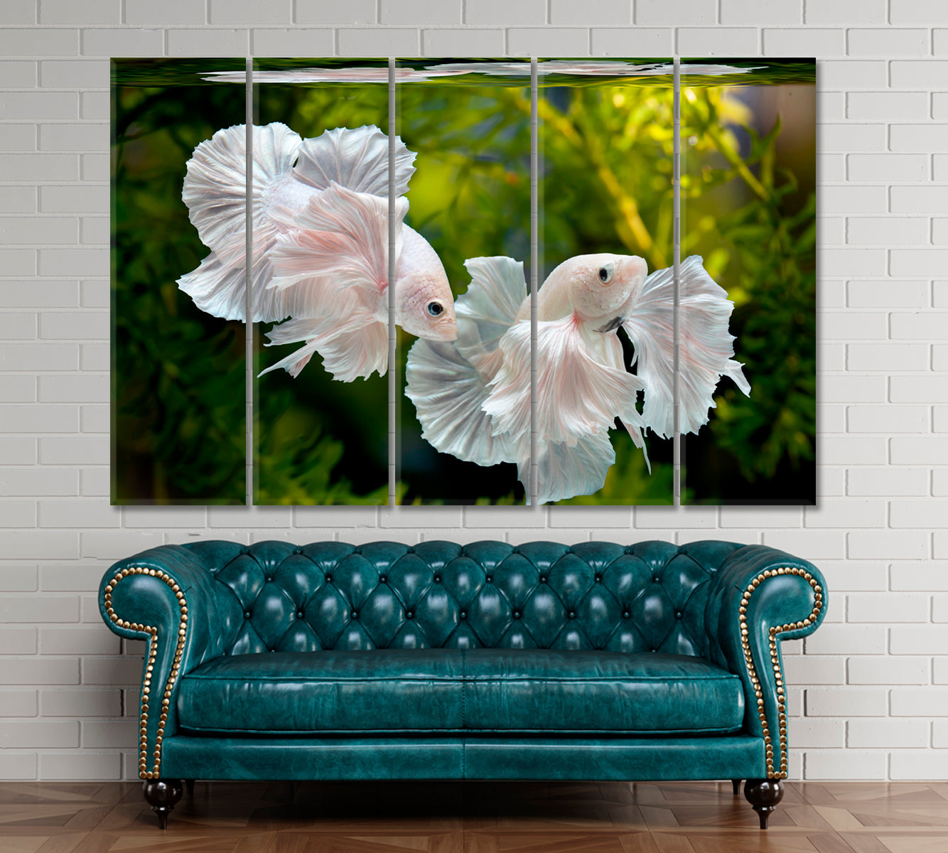 Aquarium Platinum White Dumbo Siamese Fighting Fish Underwater Nautical, Sea Life Pattern Art Artesty 5 panels 36" x 24" 