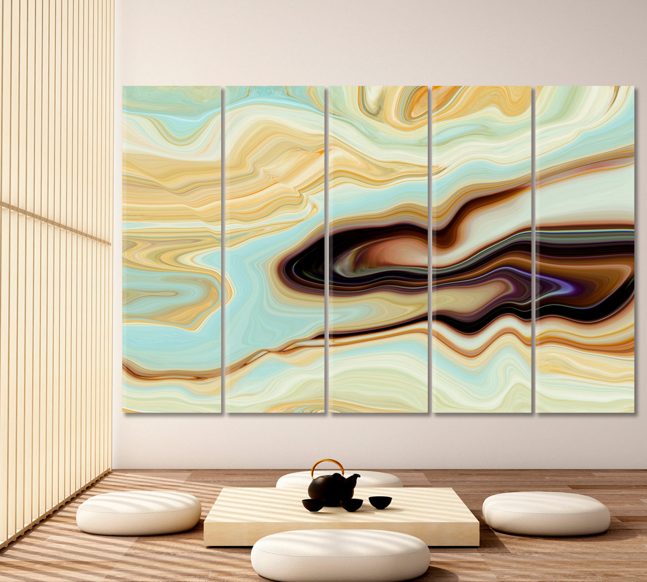 Abstract Marble Swirls Fluid Marbling Effect Subtle Veining Accents Fluid Art, Oriental Marbling Canvas Print Artesty 5 panels 36" x 24" 