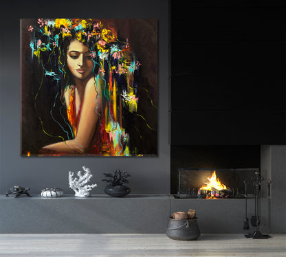 LADY OF THE FLOWERS Beautiful Woman Magic and Mythology Vivid Colors - Square Panel Fine Art Artesty   