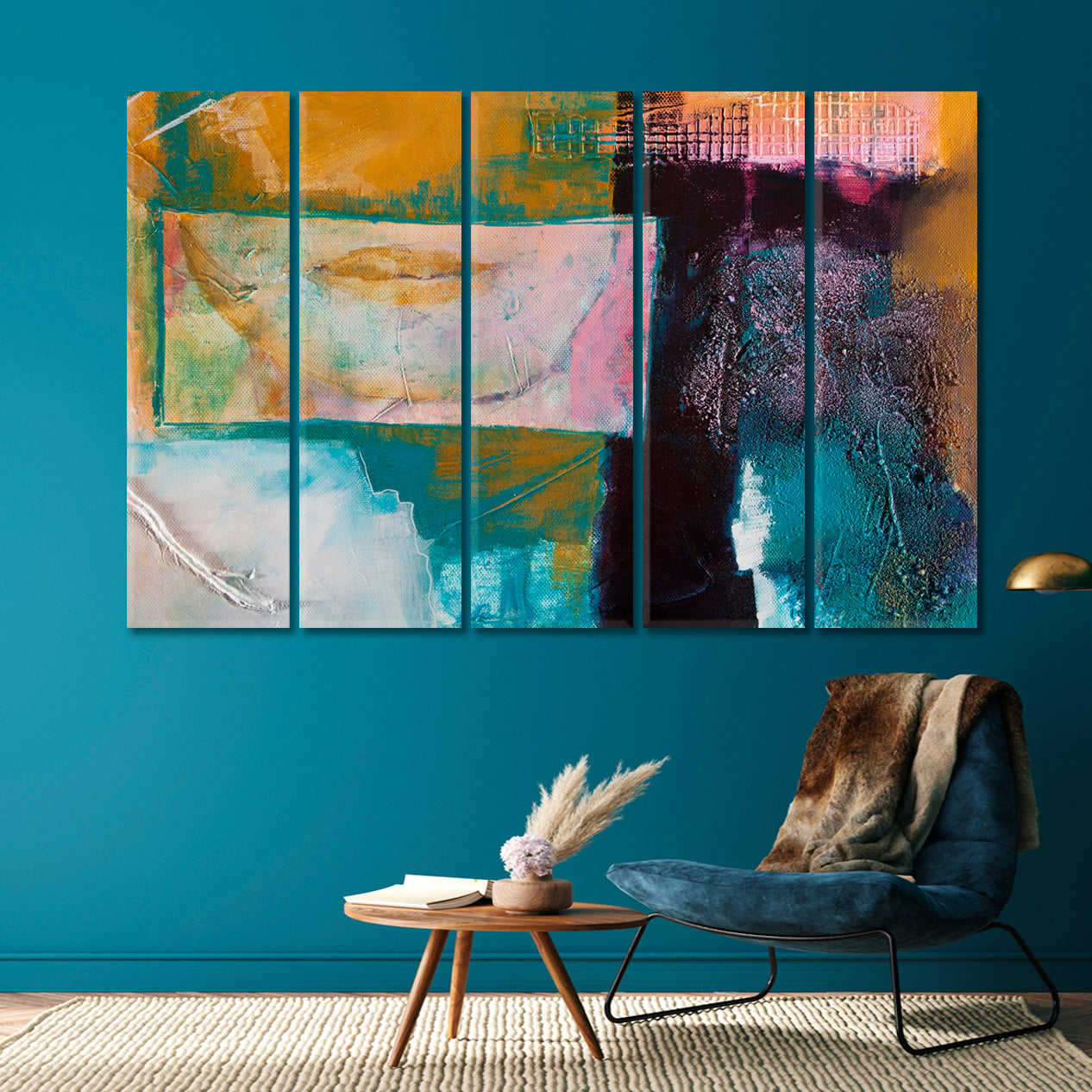 Modern Abstract Green Blue Orange Pink Purple Art Abstract Art Print Artesty 5 panels 36" x 24" 