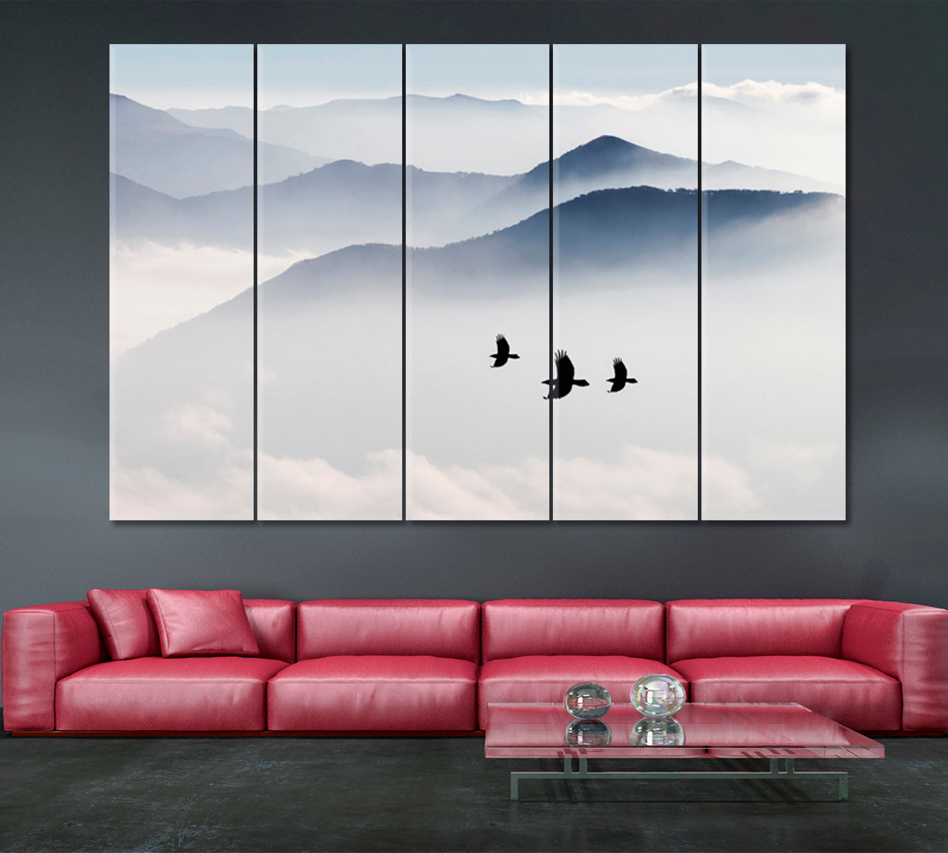MISTY Mountains Birds Flying Sky Clouds Nature Wall Canvas Print Artesty   