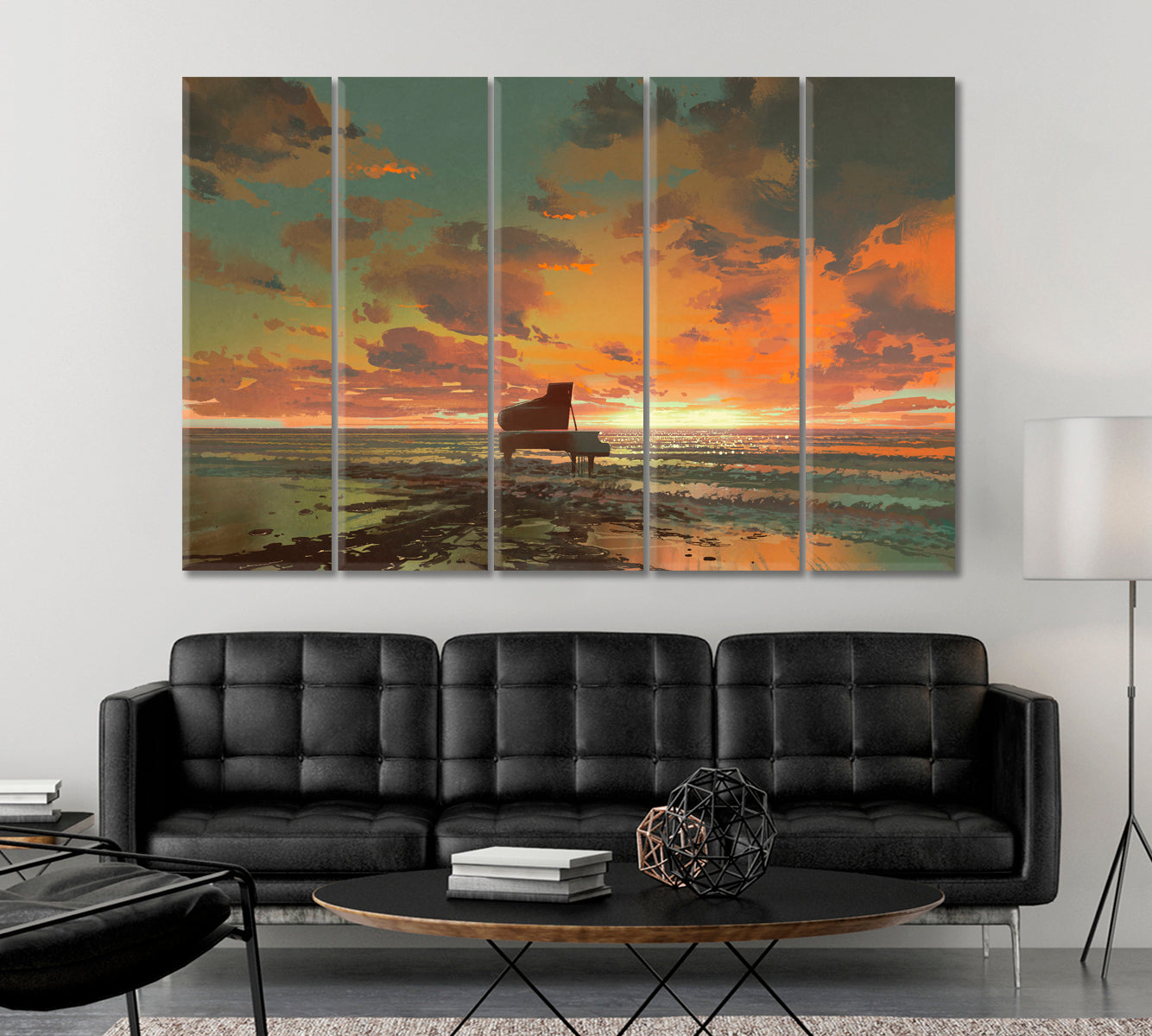 SURREAL DREAMLIKE Piano On The Beach Unreal Sunset Artistic Artwork Surreal Fantasy Large Art Print Décor Artesty 5 panels 36" x 24" 