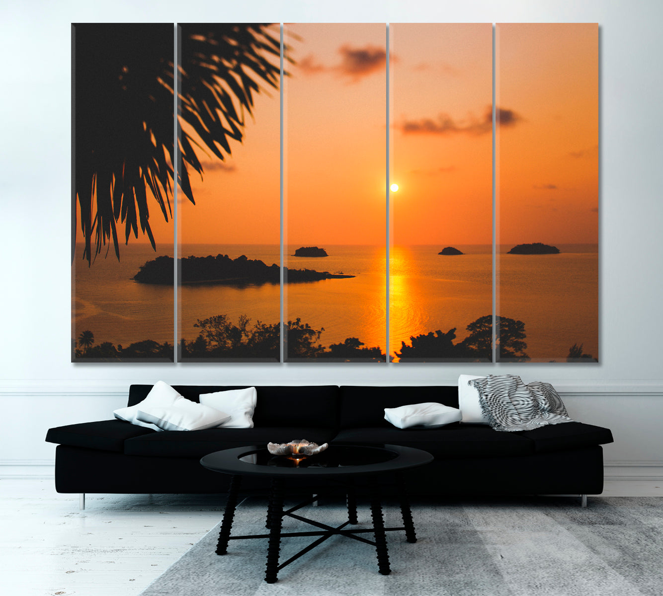 EXOTIC SEA COAST Amazing Romantic Colorful Red Sunset Tropical Landscape Canvas Print Tropical, Exotic Art Print Artesty 5 panels 36" x 24" 