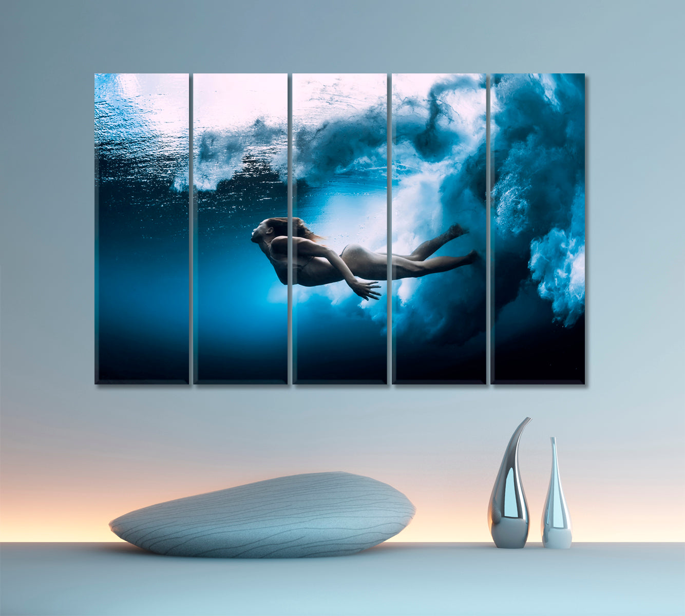 UNDERWATER | Woman Swim Underwater Amazing Shot Canvas Print Nautical, Sea Life Pattern Art Artesty 5 panels 36" x 24" 