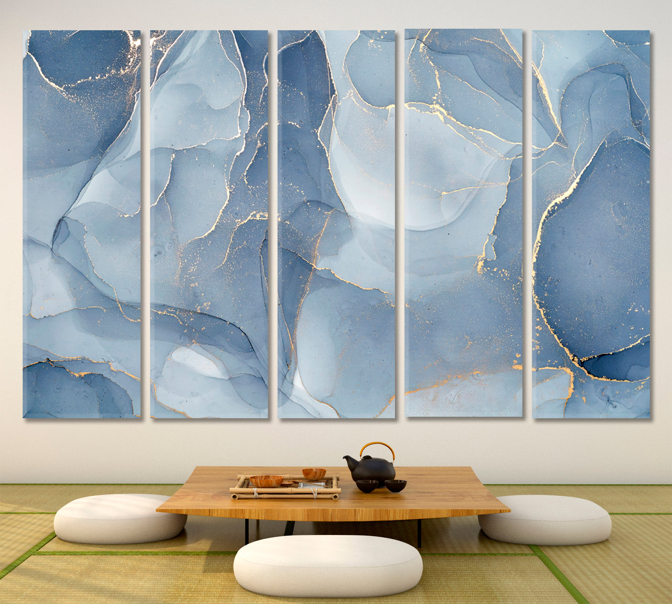 ABSTRACT SKYSCAPE Tender Soft Blue Modern Marble Pattern Fluid Art, Oriental Marbling Canvas Print Artesty 5 panels 36" x 24" 