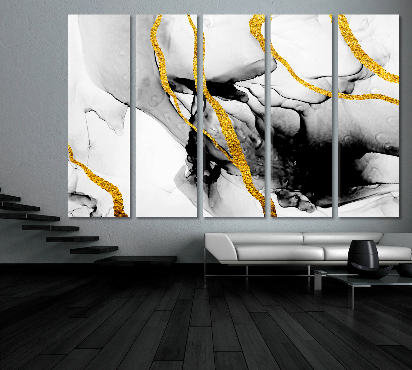 ABSTRACT CLOUDS ART & INK Black White Gold Marble Fluid Art, Oriental Marbling Canvas Print Artesty 5 panels 36" x 24" 