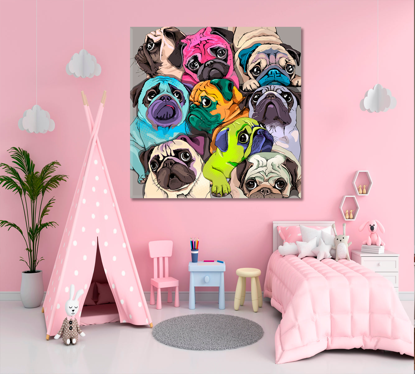 Funny Pugs Dogs Bright Colors Pop Art Whimsical Animal Canvas Print - Square Panel Animals Canvas Print Artesty   