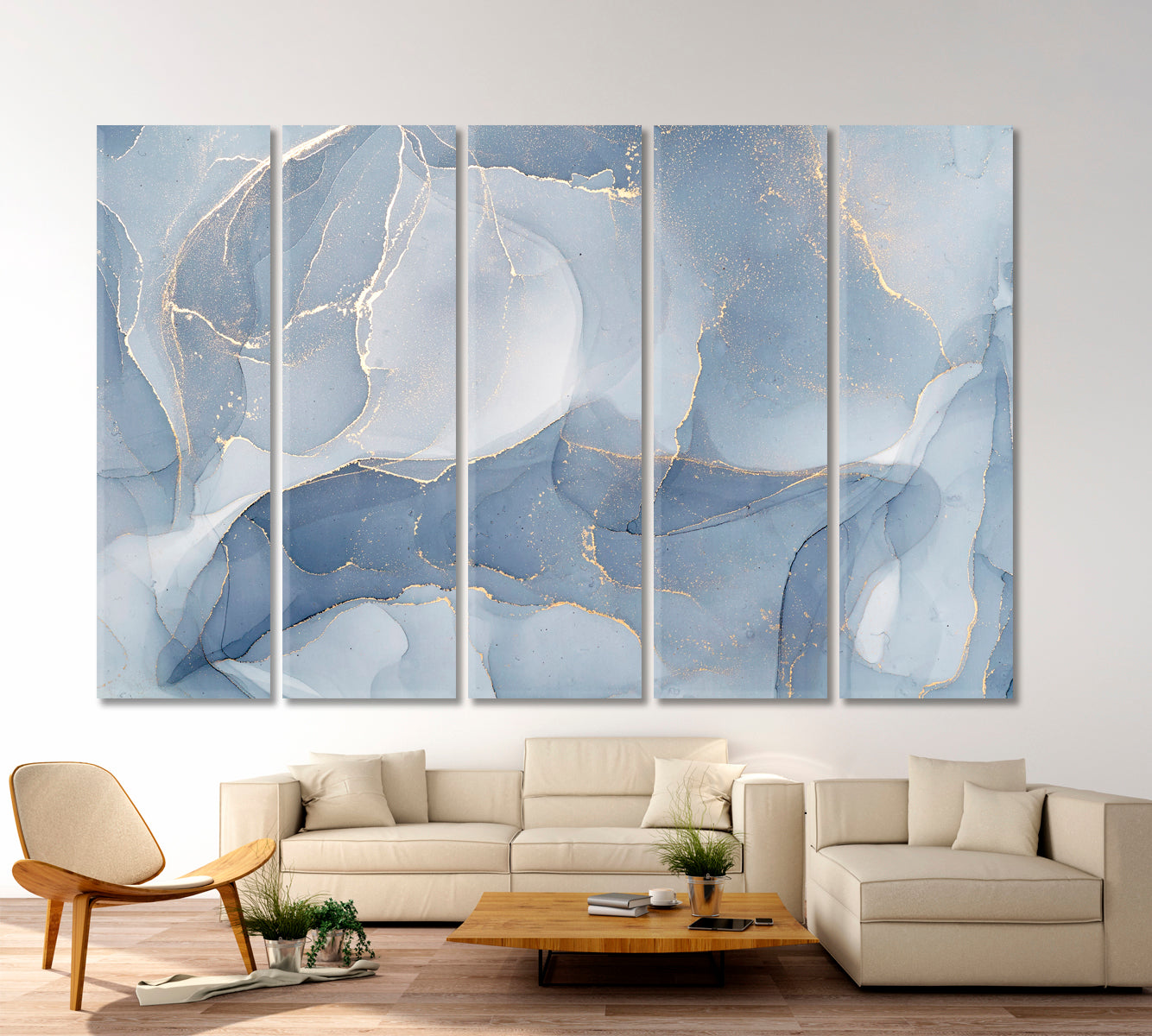 SOFT BLUE Modern Marble Alcohol Ink Tender Veins Abstract Design Fluid Art, Oriental Marbling Canvas Print Artesty 5 panels 36" x 24" 