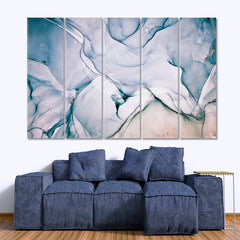 Pastel Blue Marble Veins Fluid Art, Oriental Marbling Canvas Print Artesty 5 panels 36" x 24" 