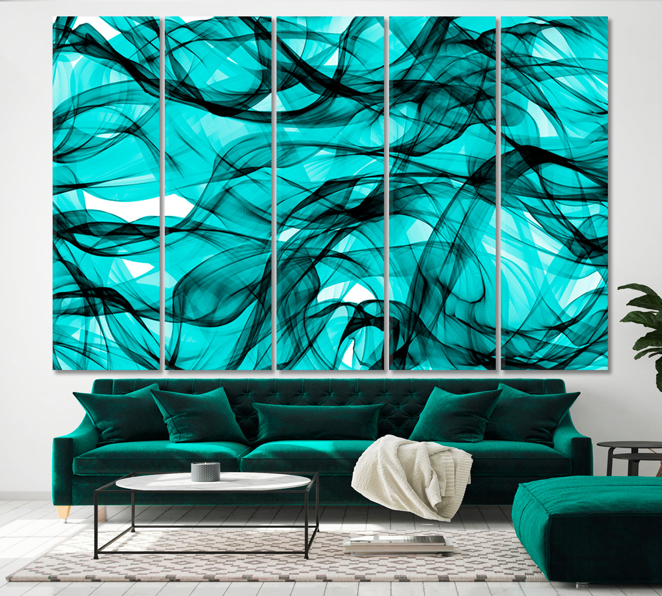 Fantasy Chaotic Fractal Pattern Abstract Shapes Curly Lines Waves Fluid Art, Oriental Marbling Canvas Print Artesty 5 panels 36" x 24" 