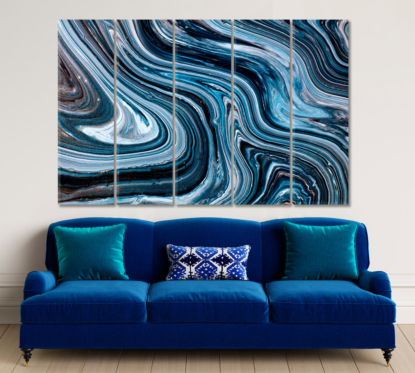 Black Blue White Overflow Liquid Acrylic Abstract Iridescent Marble Effect Fluid Art, Oriental Marbling Canvas Print Artesty 5 panels 36" x 24" 