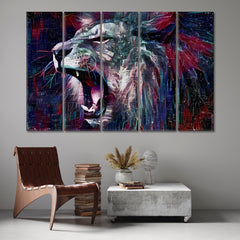 LION WILD BEAST Animals Abstract Modern Indigo Blue Plum Purple Animals Canvas Print Artesty 5 panels 36" x 24" 