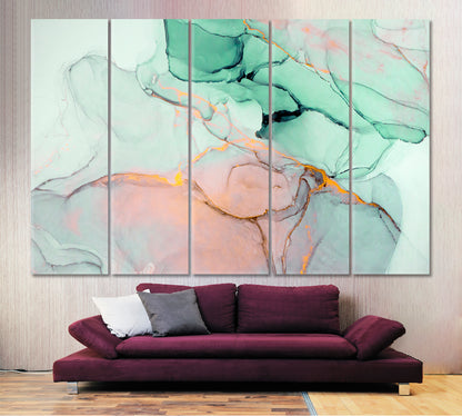 GREEN ASH Ink Colors Tender Soft Modern Marble Pattern Fluid Art, Oriental Marbling Canvas Print Artesty 5 panels 36" x 24" 