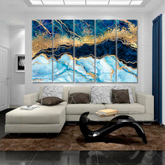 MARBLE STONE RIPPLES Blue Gold Effect Marble Liquid Paint Abstract Trendy Modern Canvas Print Fluid Art, Oriental Marbling Canvas Print Artesty 5 panels 36" x 24" 