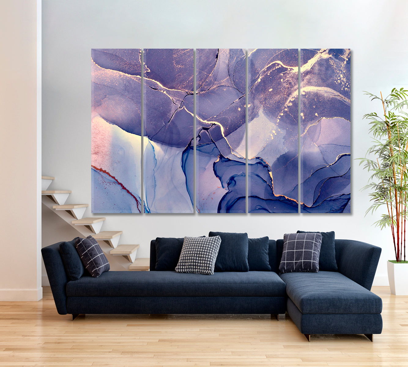 Purple Blue Abstract Marble Veines Fluid Art, Oriental Marbling Canvas Print Artesty 5 panels 36" x 24" 