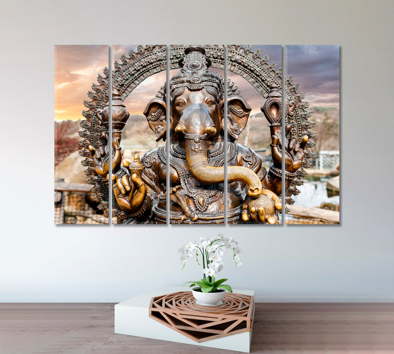 Statue of Hindu Elephant God Ganesha Dramatic Sky Religious Modern Art Artesty 5 panels 36" x 24" 
