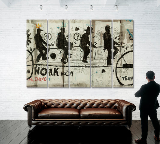 TEAMWORK BOYS Sports Bike Grunge Graffiti Style Office Decor Office Wall Art Canvas Print Artesty 5 panels 36" x 24" 