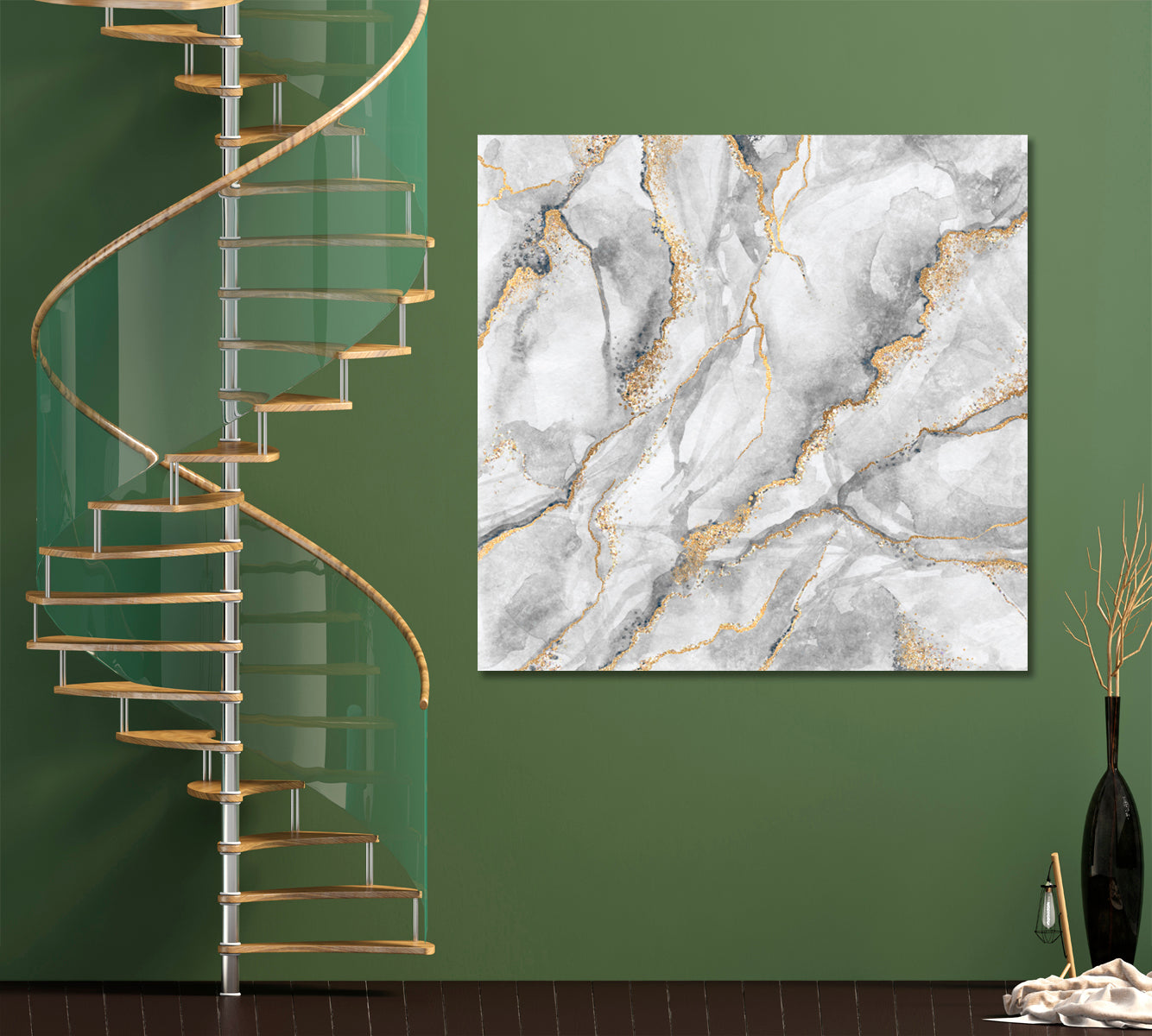 Gray & Gold Abstract Marble Canvas Print - Square Fluid Art, Oriental Marbling Canvas Print Artesty   