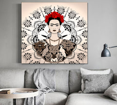 MANDALA Frida Kahlo Young Beautiful Mexican Woman Traditional Hairstyle - Square People Portrait Wall Hangings Artesty 1 Panel 46"x46" 