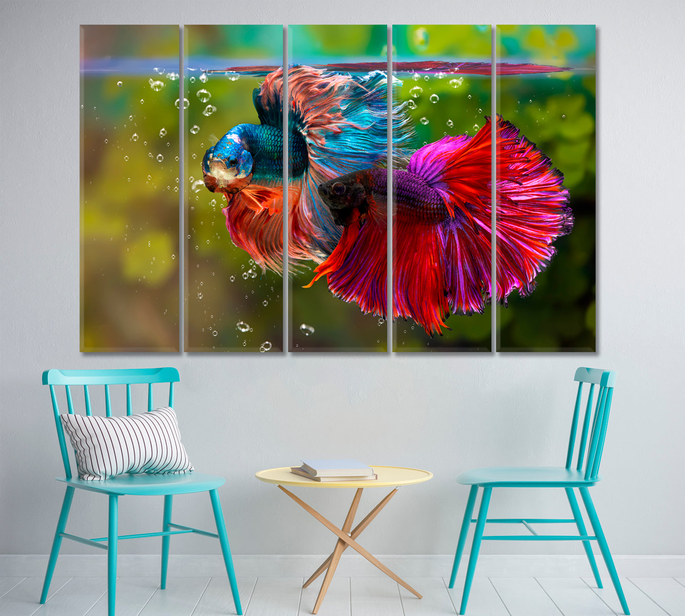 Aquarium Multicolor Siamese Fighting Fish Underwater Nautical, Sea Life Pattern Art Artesty 5 panels 36" x 24" 