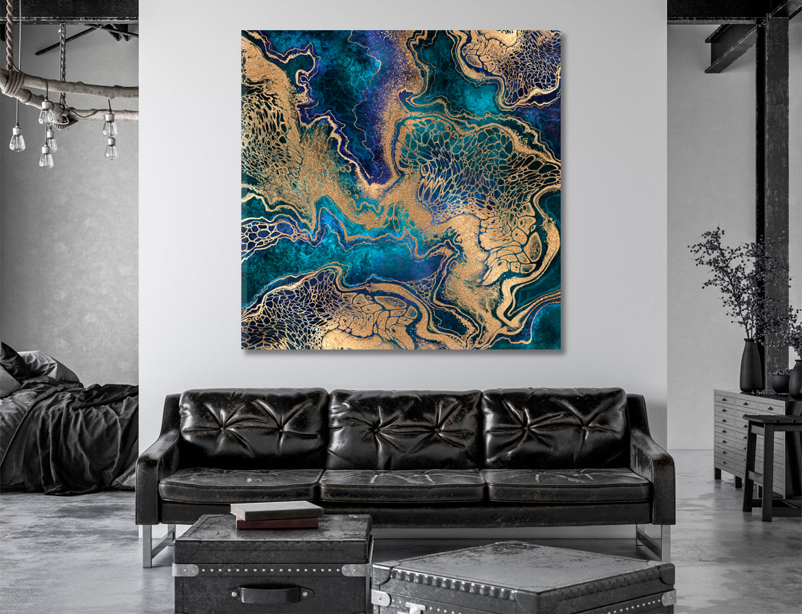 NAVY BLUE WITH GOLD EFFECT Persian Marble Swirls Luxury Pattern Trendy Canvas Print - Square Fluid Art, Oriental Marbling Canvas Print Artesty   