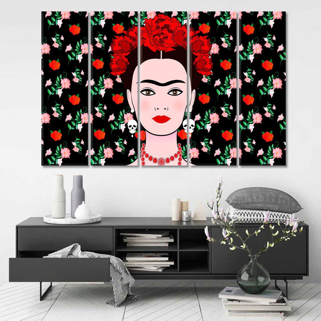 FRIDA KAHLO Portrait  Young Beautiful Mexican Woman Traditional Hairstyle Mexican Earrings Skulls Floral Background People Portrait Wall Hangings Artesty 5 panels 36" x 24" 