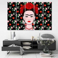 FRIDA KAHLO Portrait  Young Beautiful Mexican Woman Traditional Hairstyle Mexican Earrings Skulls Floral Background People Portrait Wall Hangings Artesty 5 panels 36" x 24" 