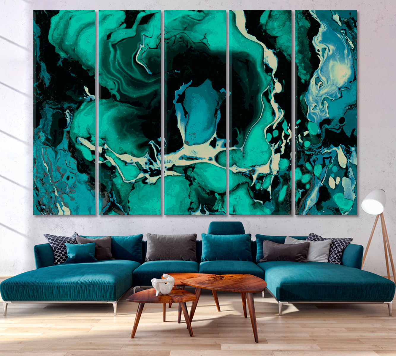 TEAL BLUE GREEN MIX Abstract Wavy Forms Fractal Futuristic Pattern Fluid Art, Oriental Marbling Canvas Print Artesty 5 panels 36" x 24" 