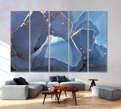 Bright Blue Abstract Marble Veines Fluid Art, Oriental Marbling Canvas Print Artesty 5 panels 36" x 24" 