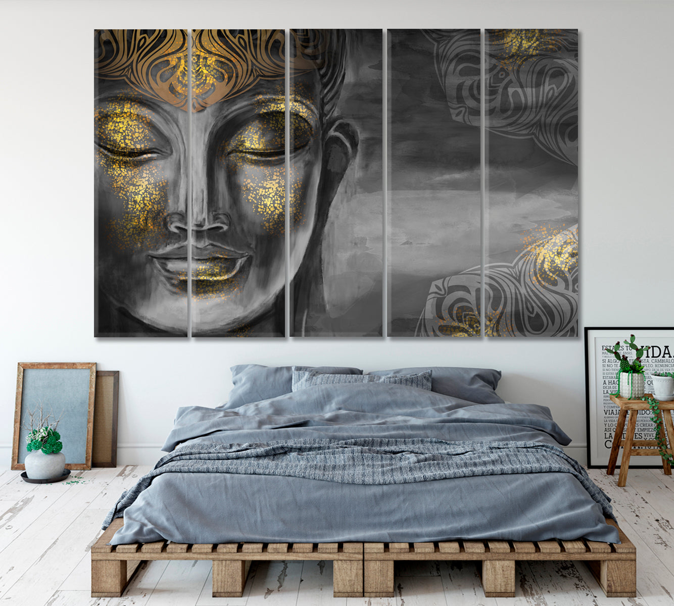 Buddha Bodhisattva Modern Grey Gold Painting Religious Modern Art Artesty 5 panels 36" x 24" 