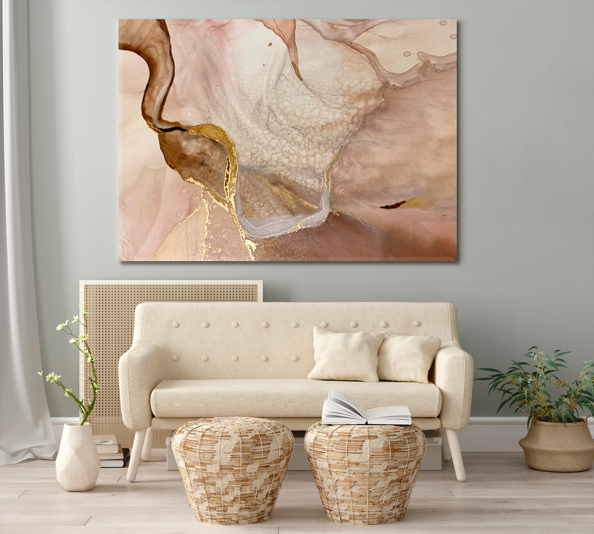 Tender Beige And Ivory Pastel Colors Golden Veins Abstract Marble Fluid Art, Oriental Marbling Canvas Print Artesty 1 panel 24" x 16" 