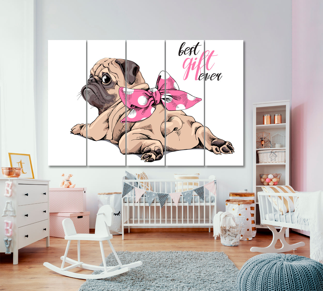 BEST GIRL EVER Cute Beige Puppy Pug Lovely Baby Girl Nursery Animals Canvas Print Artesty 5 panels 36" x 24" 