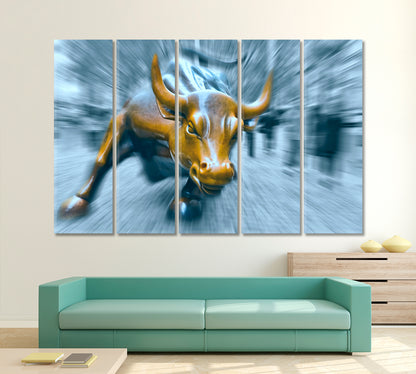 Charging Bull Blue Office Wall Art Canvas Print Artesty 5 panels 36" x 24" 