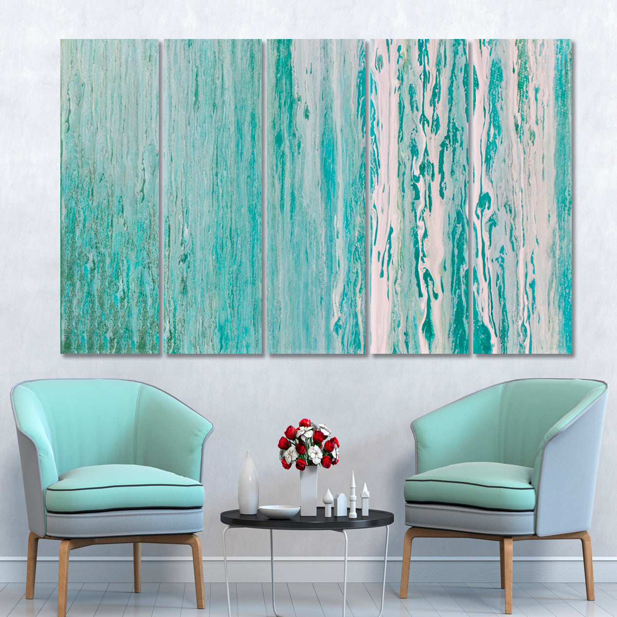 DRENCHED Turquoise Blue Abstract Fluid Acrylic Pattern Fluid Art, Oriental Marbling Canvas Print Artesty 5 panels 36" x 24" 