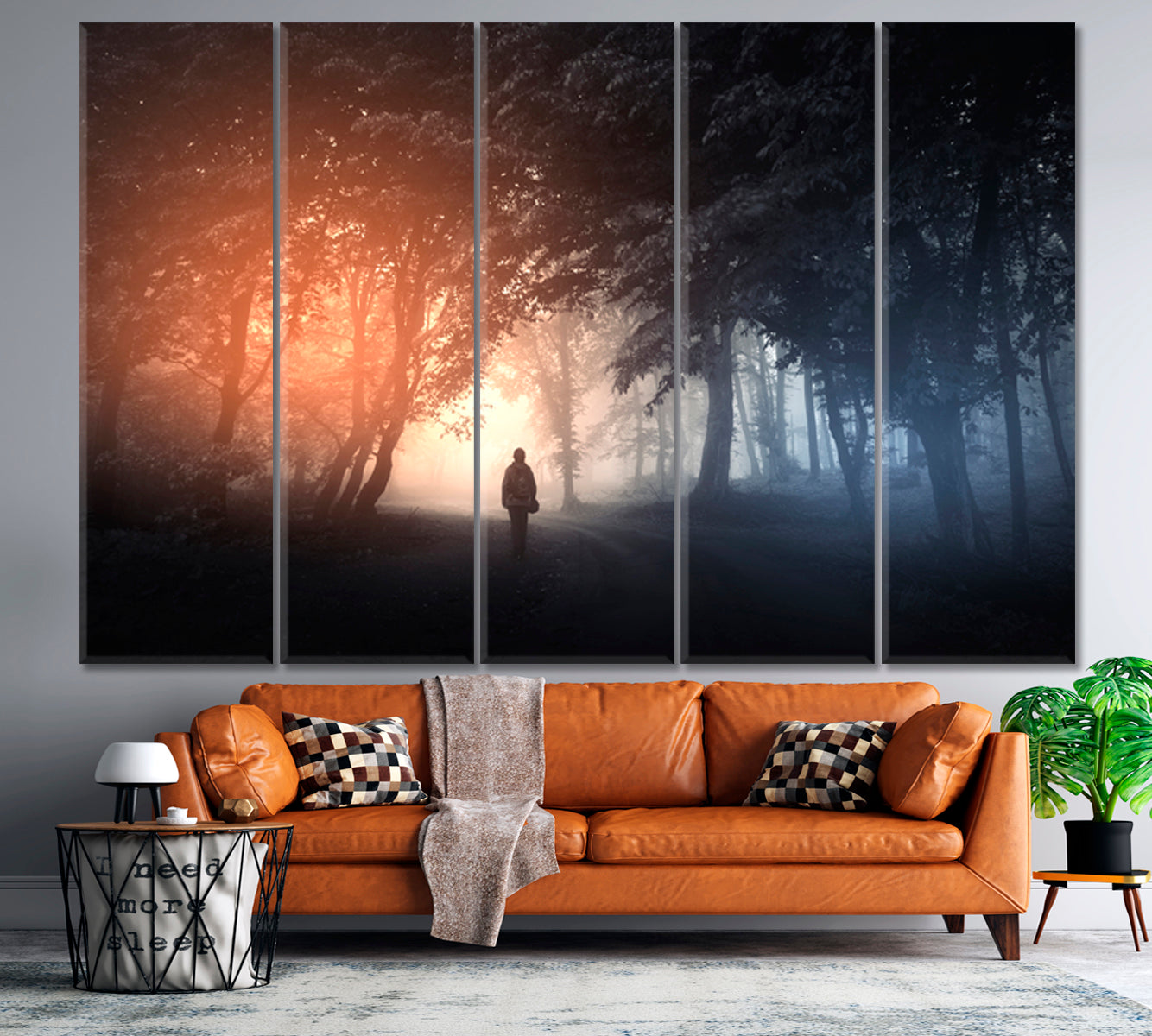 PATH TO THE LIGHT Mysterious Landscape Fantastic Surreal Misty Forest Trees Man Walking on the Path Scenery Landscape Fine Art Print Artesty 5 panels 36" x 24" 
