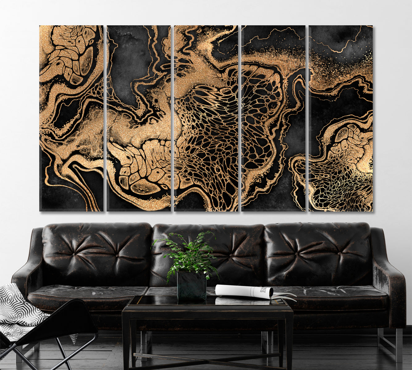 Luxury Black And Gold Abstract Marble With Veins Giclée Print Fluid Art, Oriental Marbling Canvas Print Artesty 5 panels 36" x 24" 