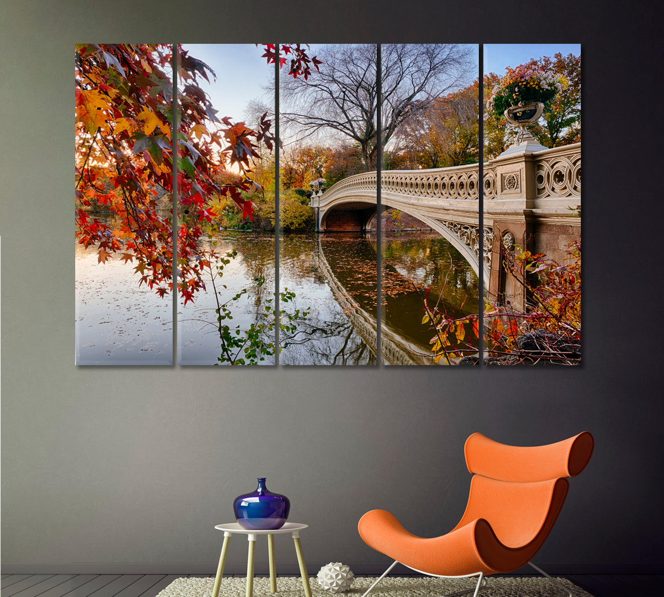 AUTUMN Bow Bridge Over Lake Central Park New York City Poster Cities Wall Art Artesty 5 panels 36" x 24" 