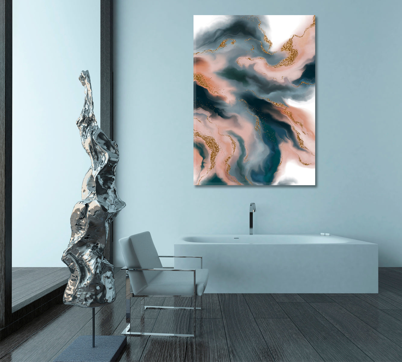 Marble Curved Lines Beautiful Grey Blue Pink Combination Color - Vertical Fluid Art, Oriental Marbling Canvas Print Artesty   