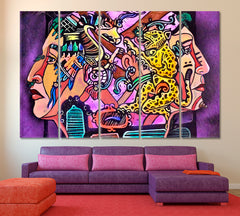 AZTEC Fantasy Warrior Picasso Motives Cubism Contemporary Art Artesty 5 panels 36" x 24" 