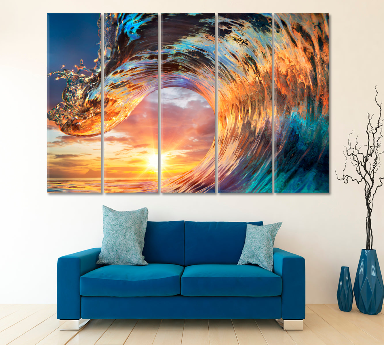 Colorful Ocean Wave Seawater Sunset Light Beautiful Clouds Nautical, Sea Life Pattern Art Artesty 5 panels 36" x 24" 